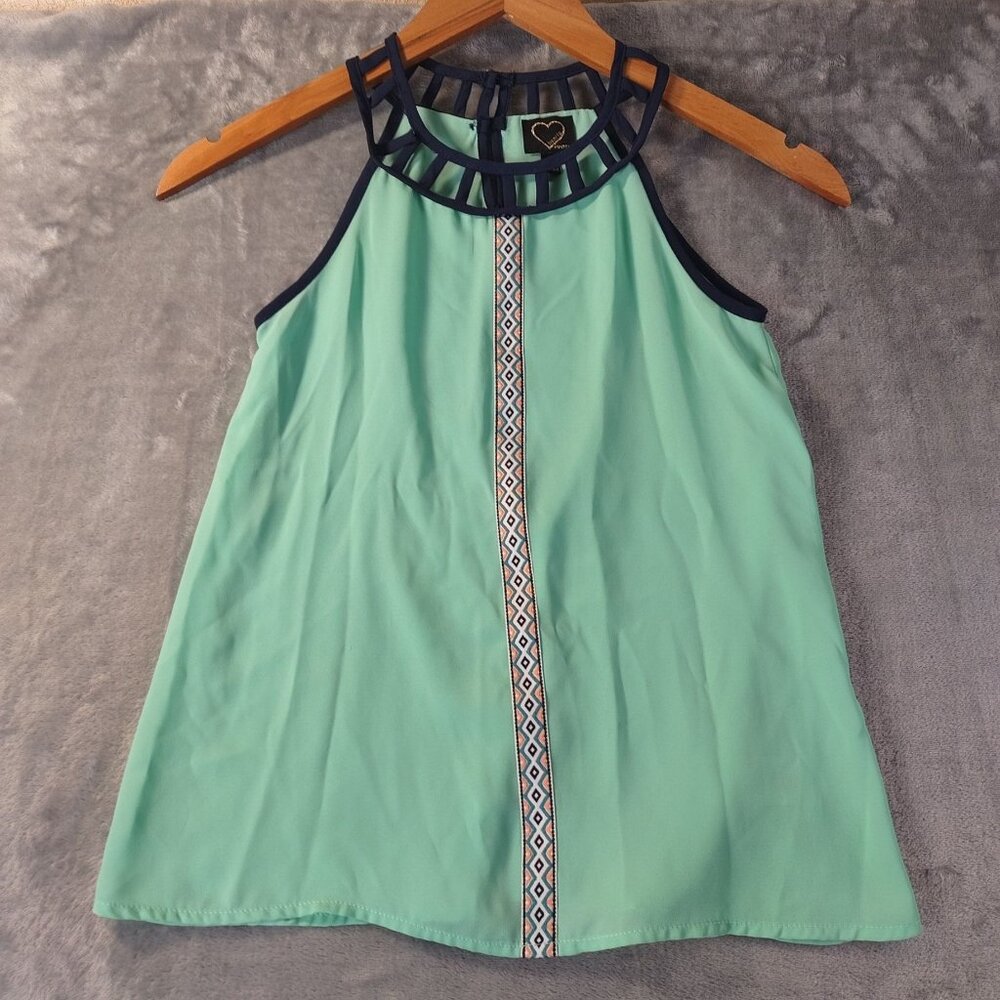 Hearts Girls Green Mini Dress S Embroidered Trim Keyhole Back Casual Boho Summer